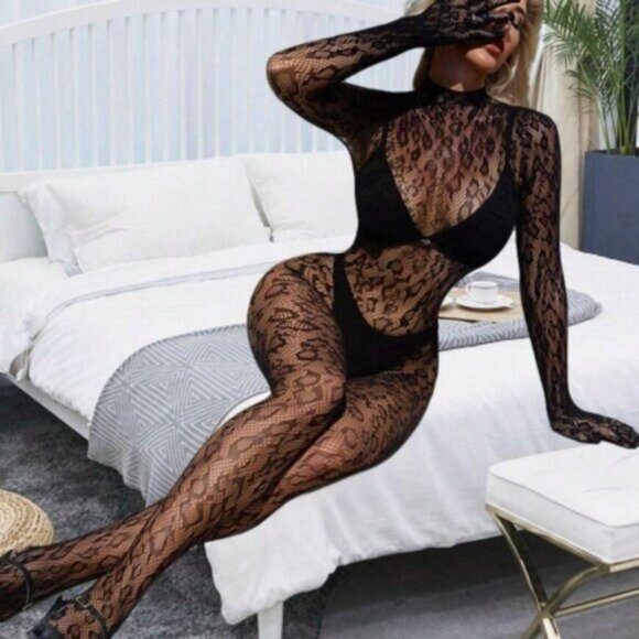 Black Leopard Pattern Long-Sleeve Full Body Fishnet Bodysuit - Picture 4 of 10